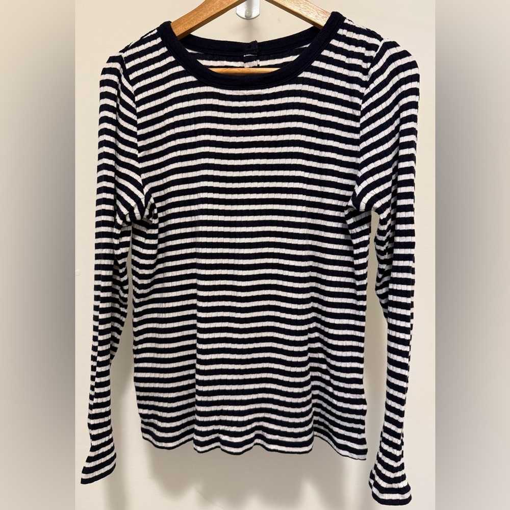 Talbots Petite Navy & White Striped Rib Knit Long Sleeve Top